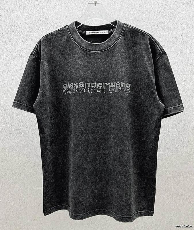 Alexander Wang Rhinestone-embellished Distressed Charcoal Black Short-sleeve T-shirt