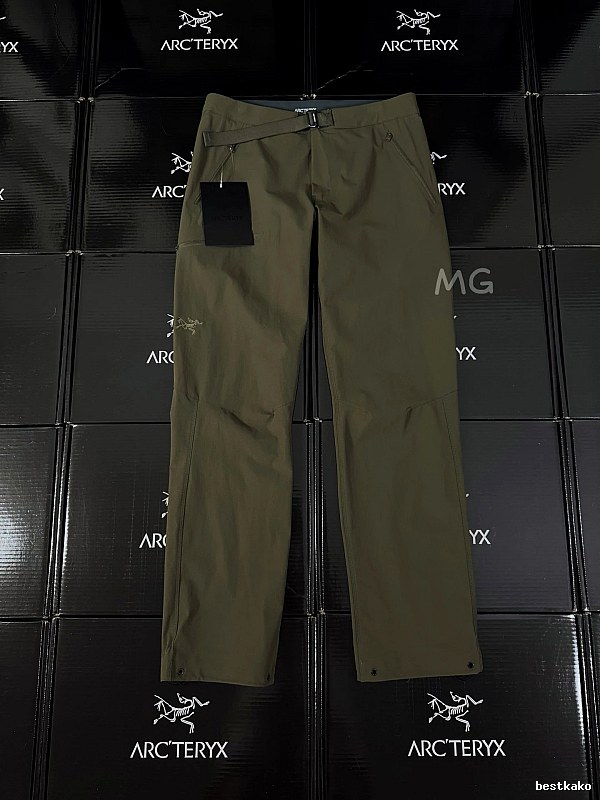 Arc'teryx Olive Technical Straight Pants with clean outdoor profile and subtle performance logo