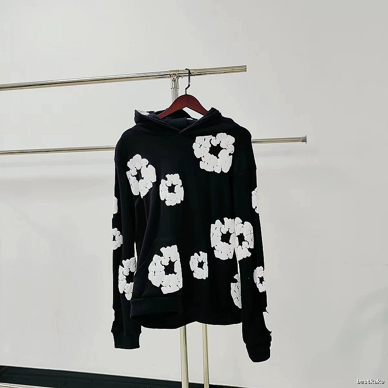 Black Hoodie with Oversized White Flower Print