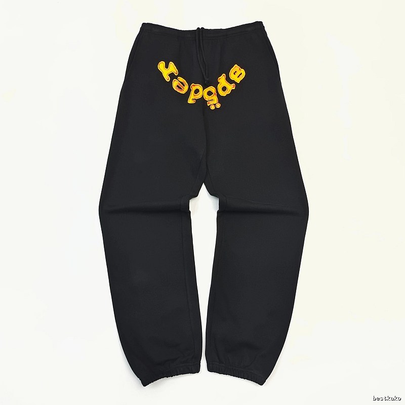 Bold Yellow Wordmark Graphics And Cuffed Hems Black Sp5der Logo Sweatpants
