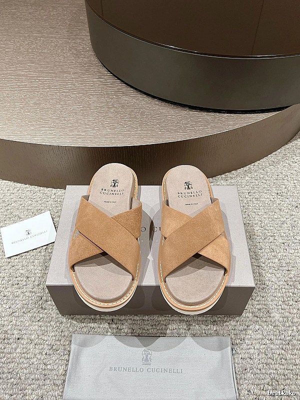 Brunello Cucinelli Casual-style Camel Cross-strap Slide Sandals