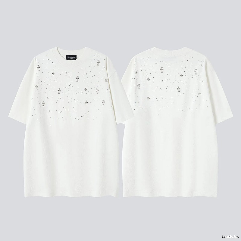 Chrome Hearts Cross Hot-Fix Rhinestone Street Style White T-Shirt