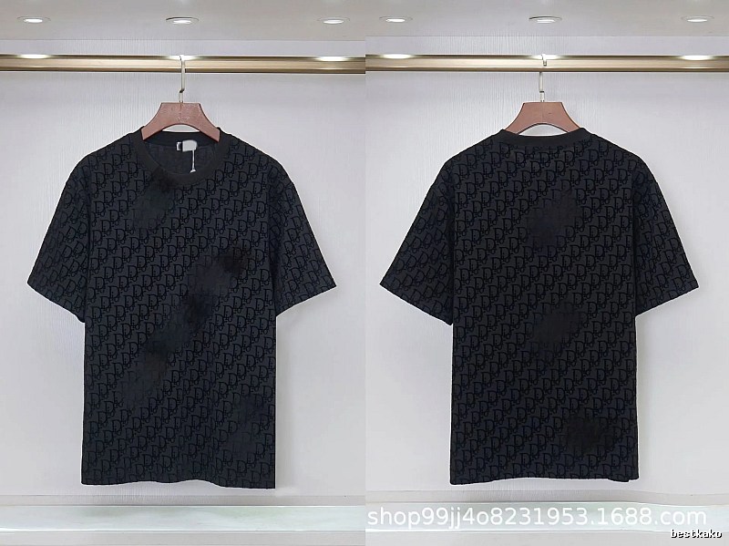 Dior All-over Monogram Print Light Luxury Style Black T-Shirt