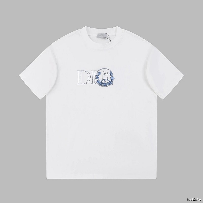 Dior Cat-Embroidered Light Luxury Style White Short-sleeve T-shirt