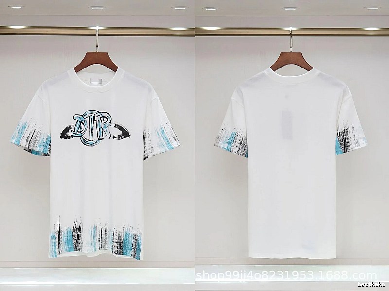 Dior Graffiti Collection Street Style White and Blue Short-sleeve T-shirt