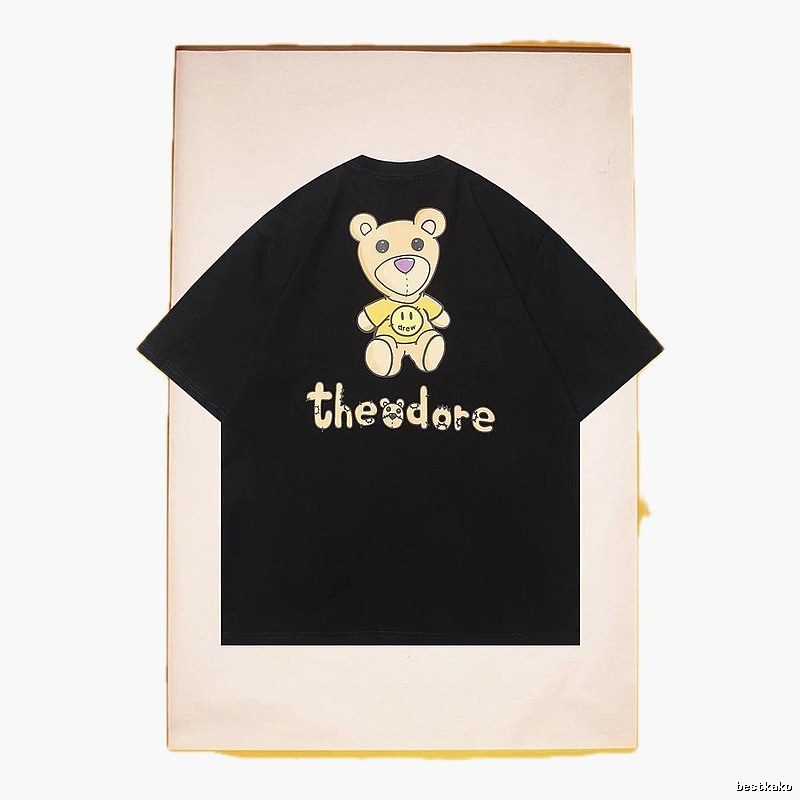 DREW Bear Print Streetwear Brand Black Short Sleeve T-shirt