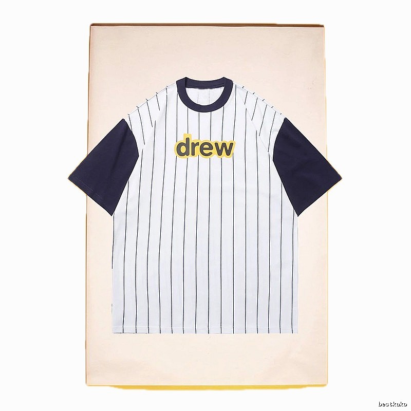 DREW Letter Print Street Style White and Navy Blue Short Sleeve T-Shirt