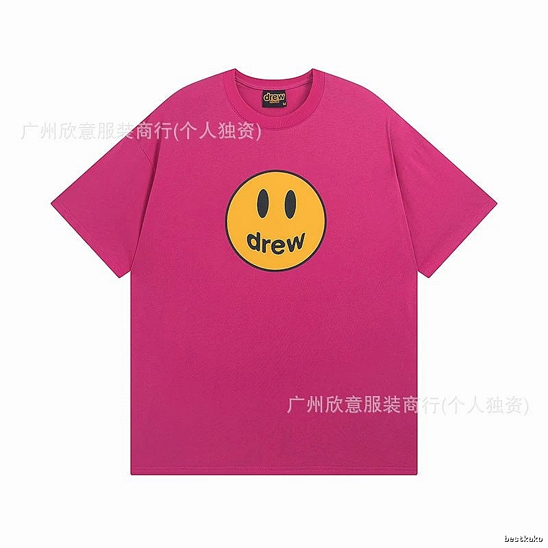 DREW Smiley Face Print Street Style Rose Red T-Shirt