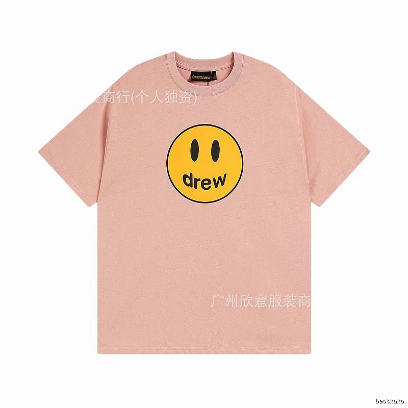 Drew Smiley Print Street Style Pink T-Shirt