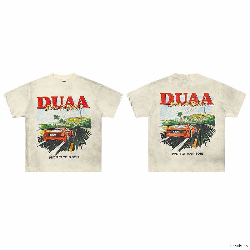 DUAA Sports Car Print American Retro Off-white Short Sleeve T-Shirt