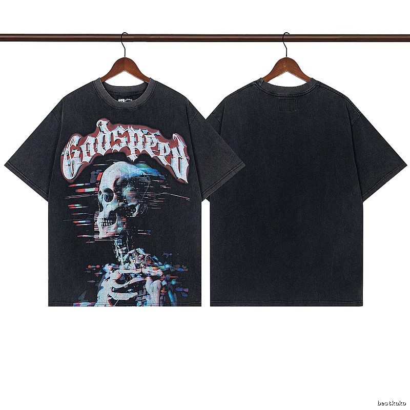 Godspeed Skull Print Street Style Distressed Black T-Shirt