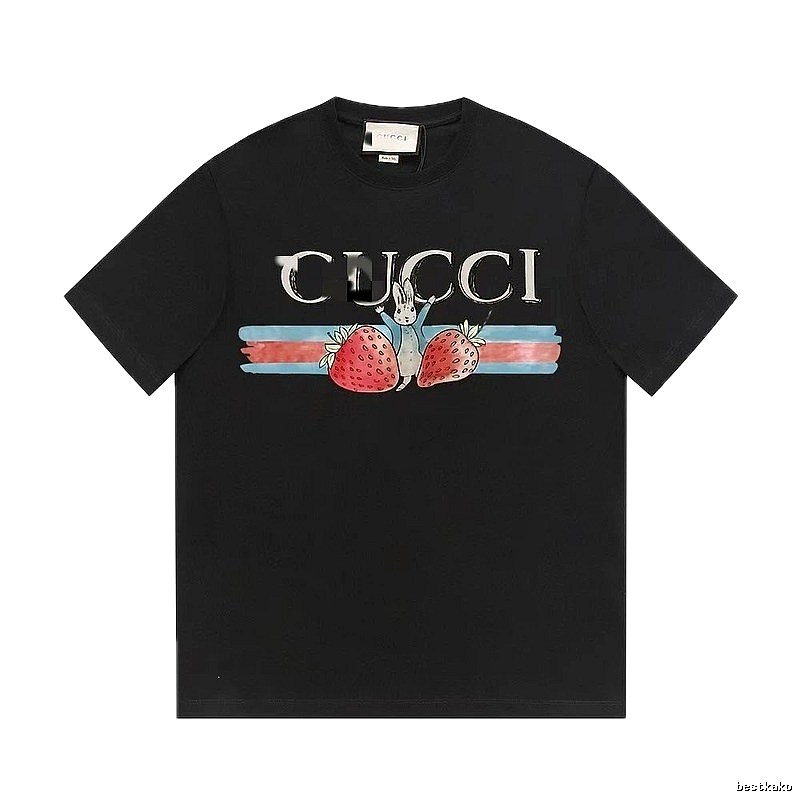 Gucci Strawberry Rabbit Print Collection Casual Style Black T-Shirt