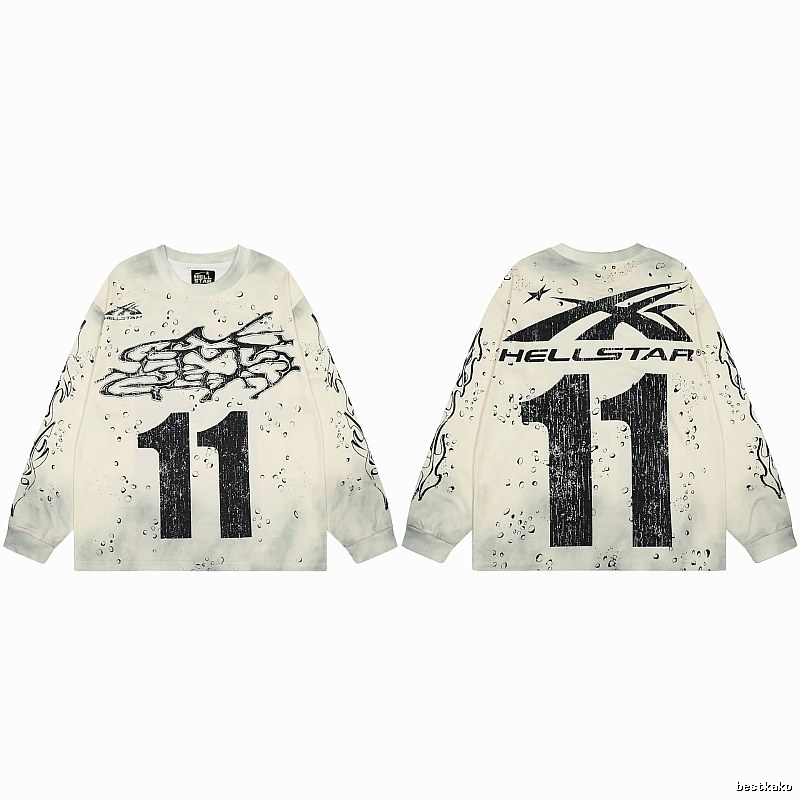 Hellstar No.11 Distressed Street Style Off-white Long Sleeve T-shirt