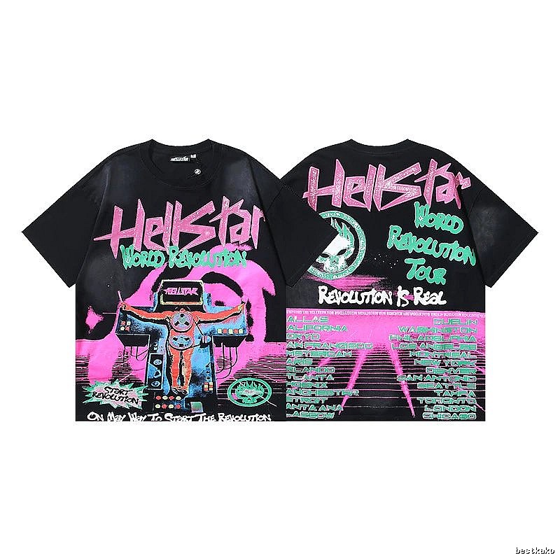 Hellstar Revolution Tour Street Style Black and Pink Short Sleeve T-Shirt