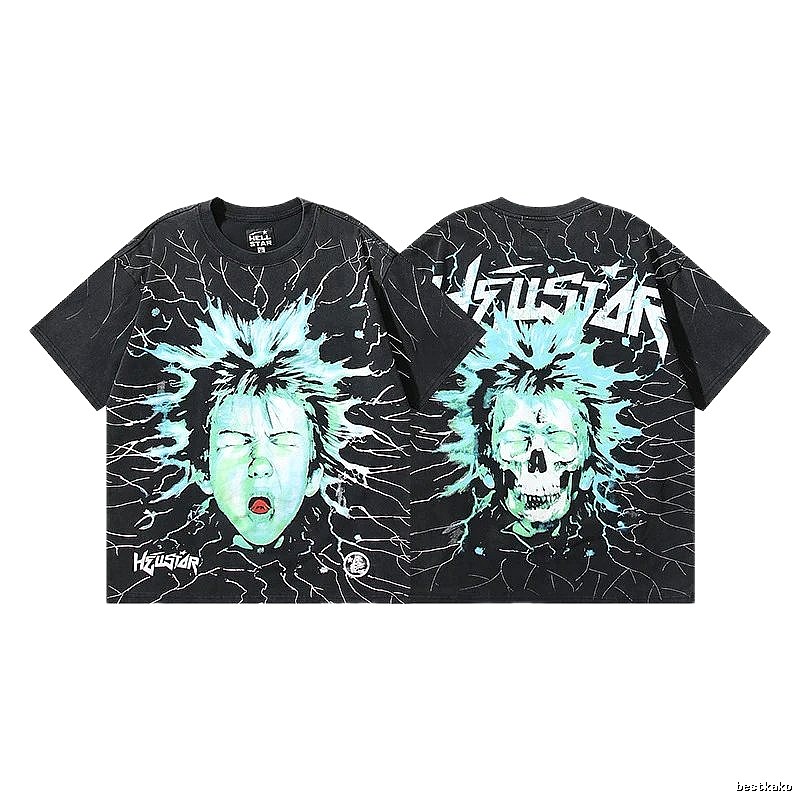 Hellstar Skeleton Print Street Style Black and Green T-shirt