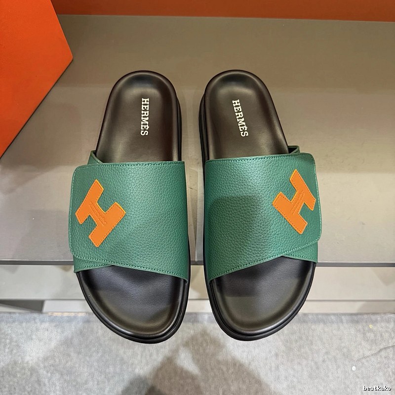 Hermès H Collection Casual Style Green & Orange Color-block Slide Sandals
