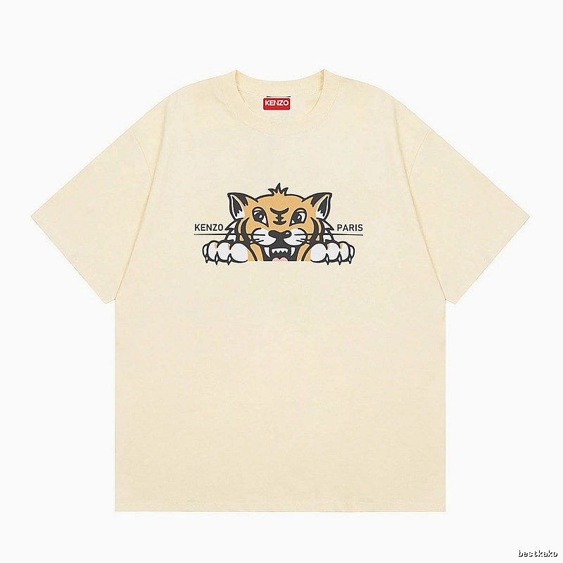 KENZO Tiger Head Print Streetwear Style Beige Short Sleeve T-Shirt