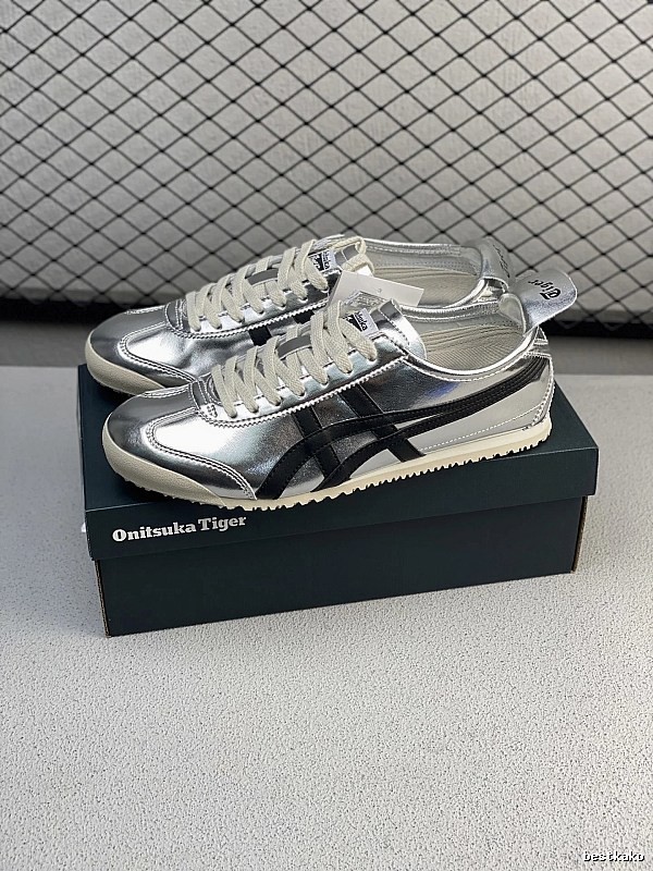 Onitsuka Tiger Metallic Silver and Black Low-Top Sneakers Defined by Tonal Toe Panel