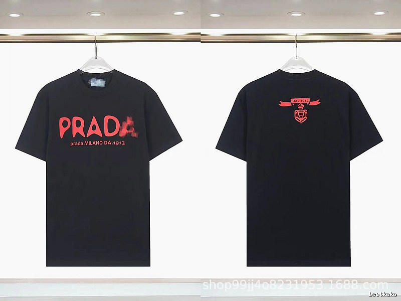 Prada Letter Print Trendy Cool Style Black Short-sleeve T-shirt