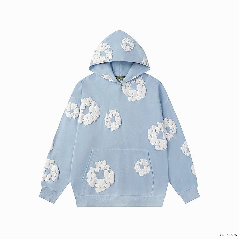 Sky Blue Flower Print Pullover Hoodie