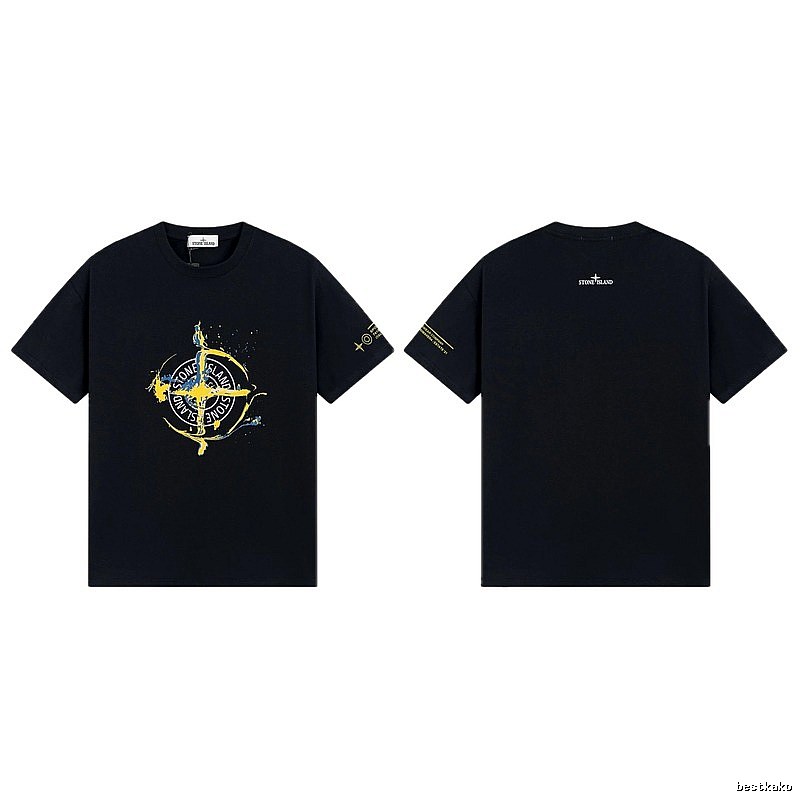 Stone Island Ink-splattered Street Style Black Short-sleeve T-shirt