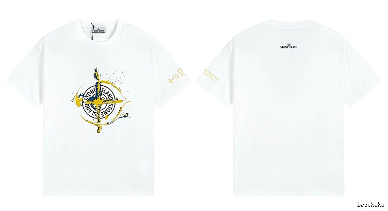 Stone Island Ink-splattered Trendy Style White T-shirt