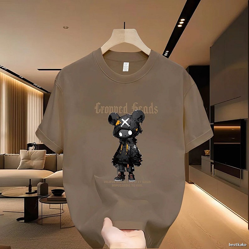 Streetwear Street Style Violent Bear Print Khaki Short-sleeve T-shirt