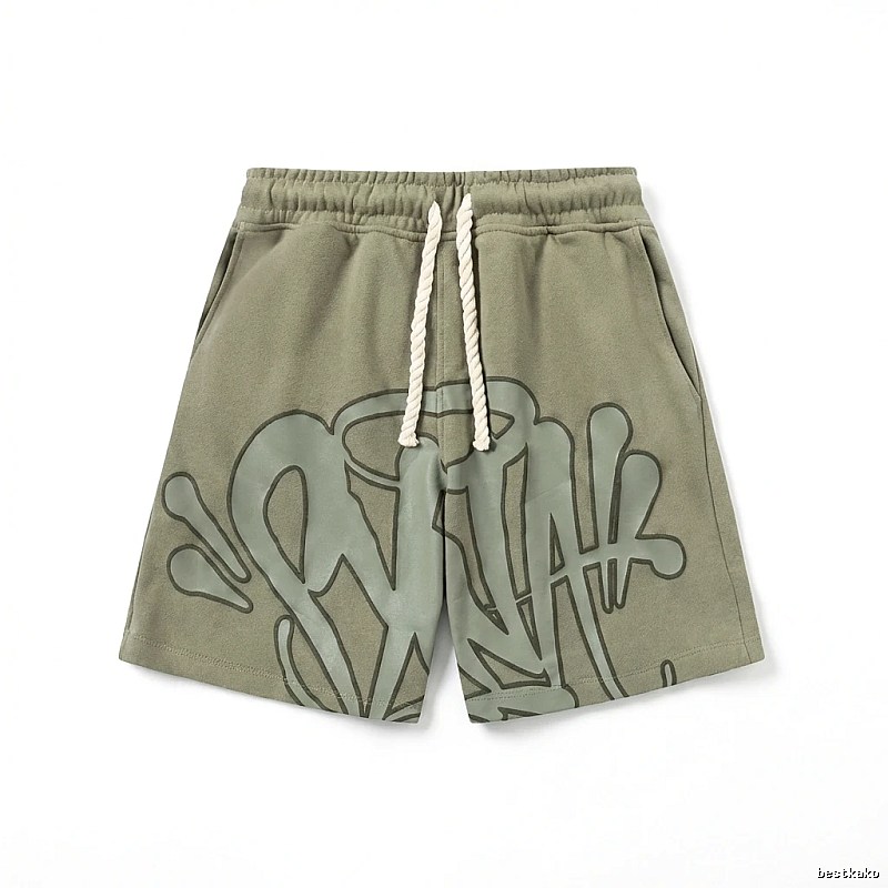 SynaWorld graffiti-style military green shorts